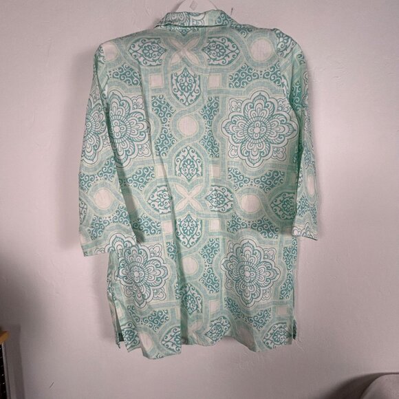 Connie Roberson Turquoise & White Floral Linen Button-Down Tunic Top Small - Picture 2 of 11